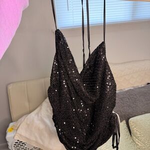 Mustard Seed Black Sequin Cowl Neck Tank Top